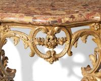 A small Louis XV giltwood console table with marble top, 18th century