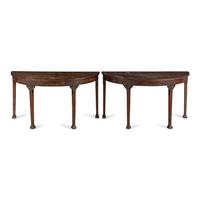 A Pair of George III Style Carved Mahogany Demilune Console Tables