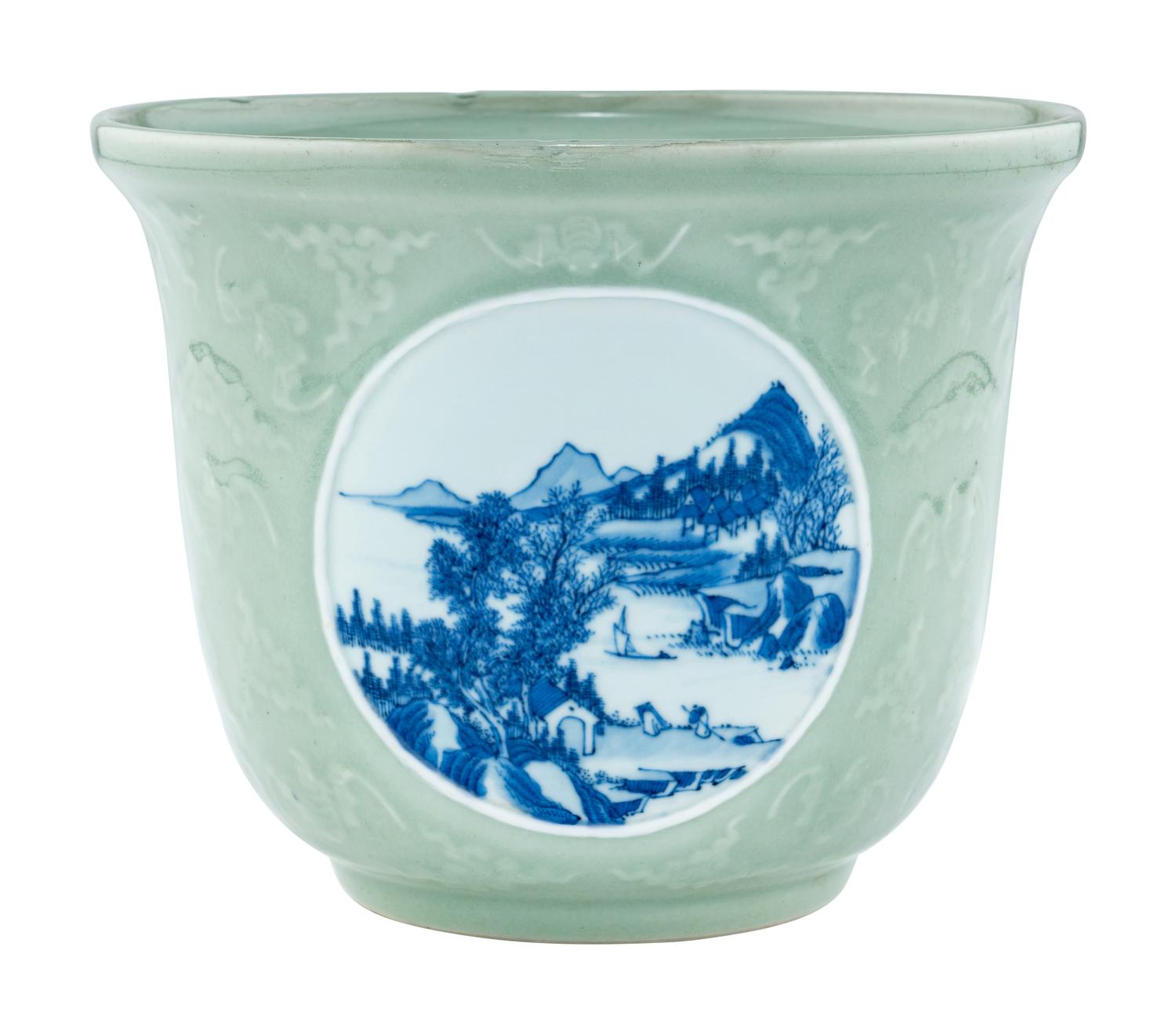 A Chinese Celadon Ground Underglaze Blue Cachepot