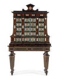 A German Renaissance Style Silvered Metal-Mounted and Marble-Inlaid Ebonized Cabinet on Stand