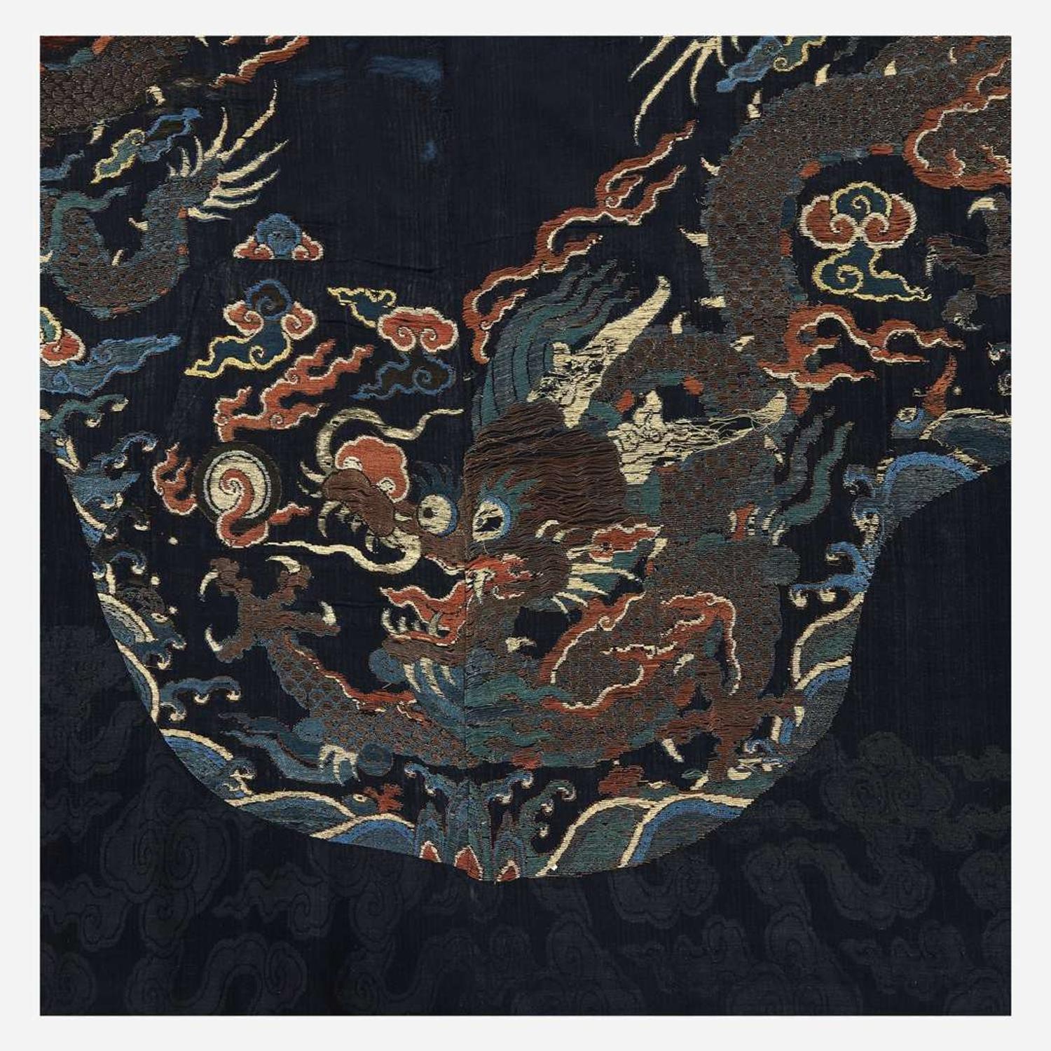 A large Chinese woven silk "Dragon" panel for a robe 17th Century