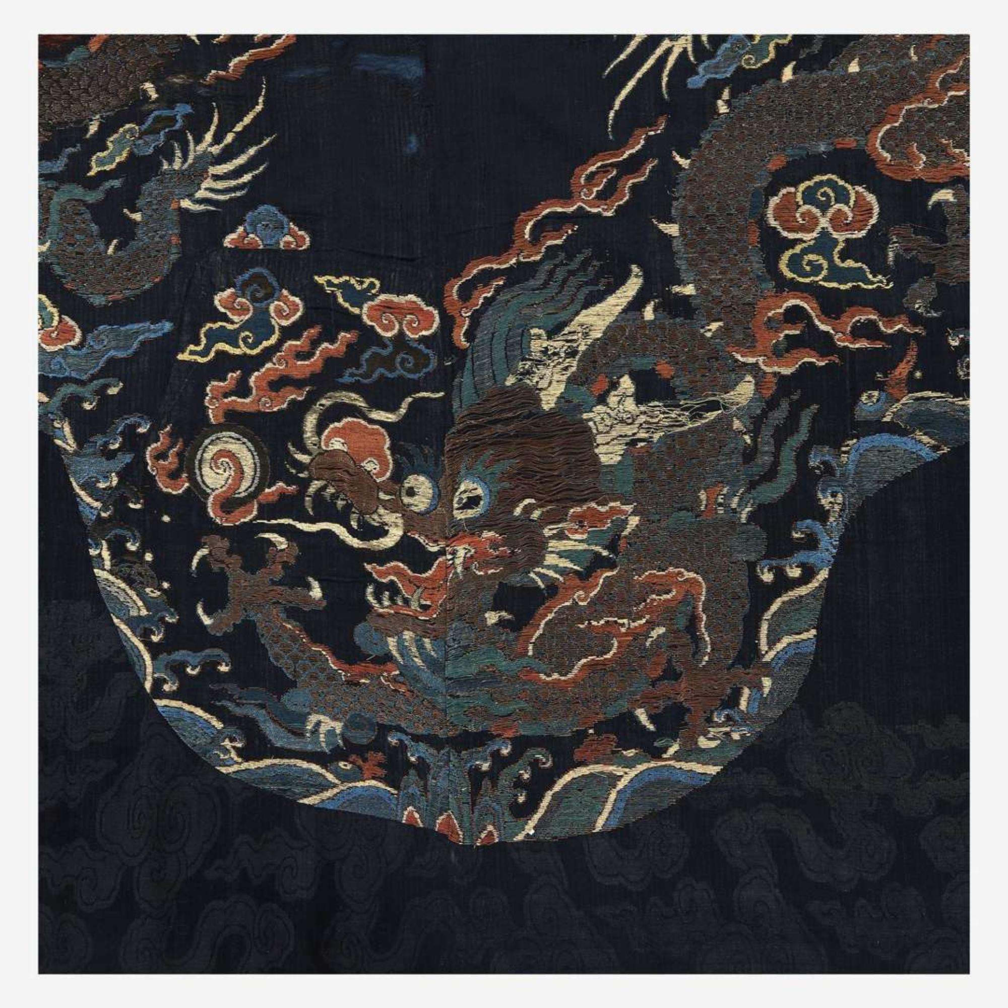 A large Chinese woven silk "Dragon" panel for a robe 17th Century