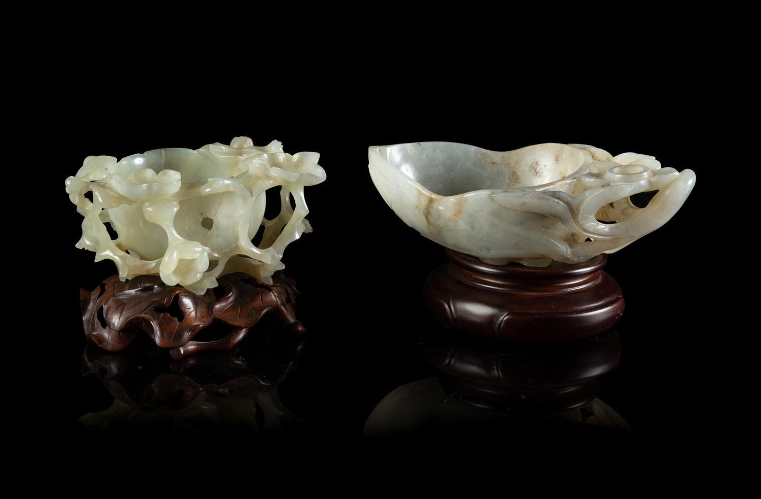 Two Pale Celadon Jade Handled Cups
