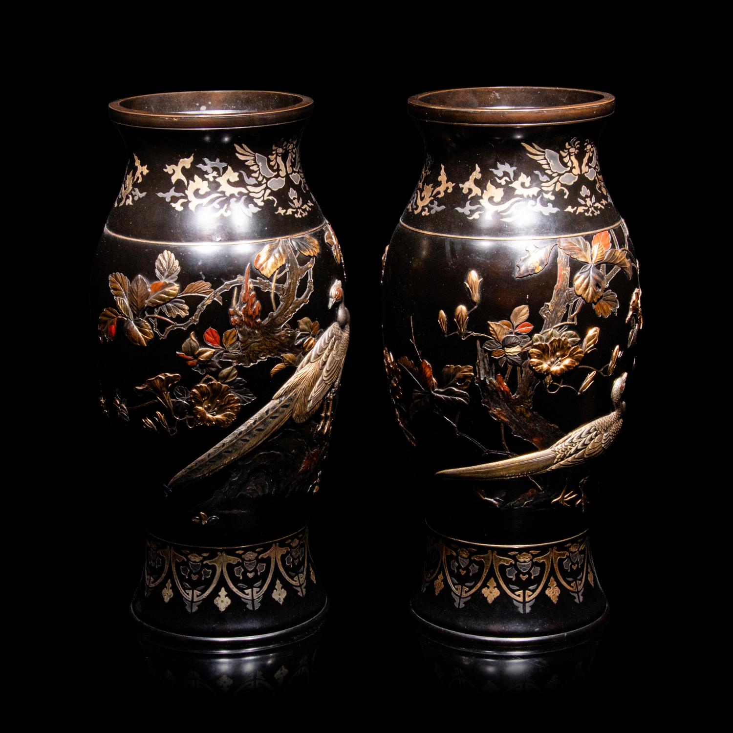 A Pair of Japanese Bronze and Mixed-Metal Baluster Vases, Meiji Period, Late 19th Century