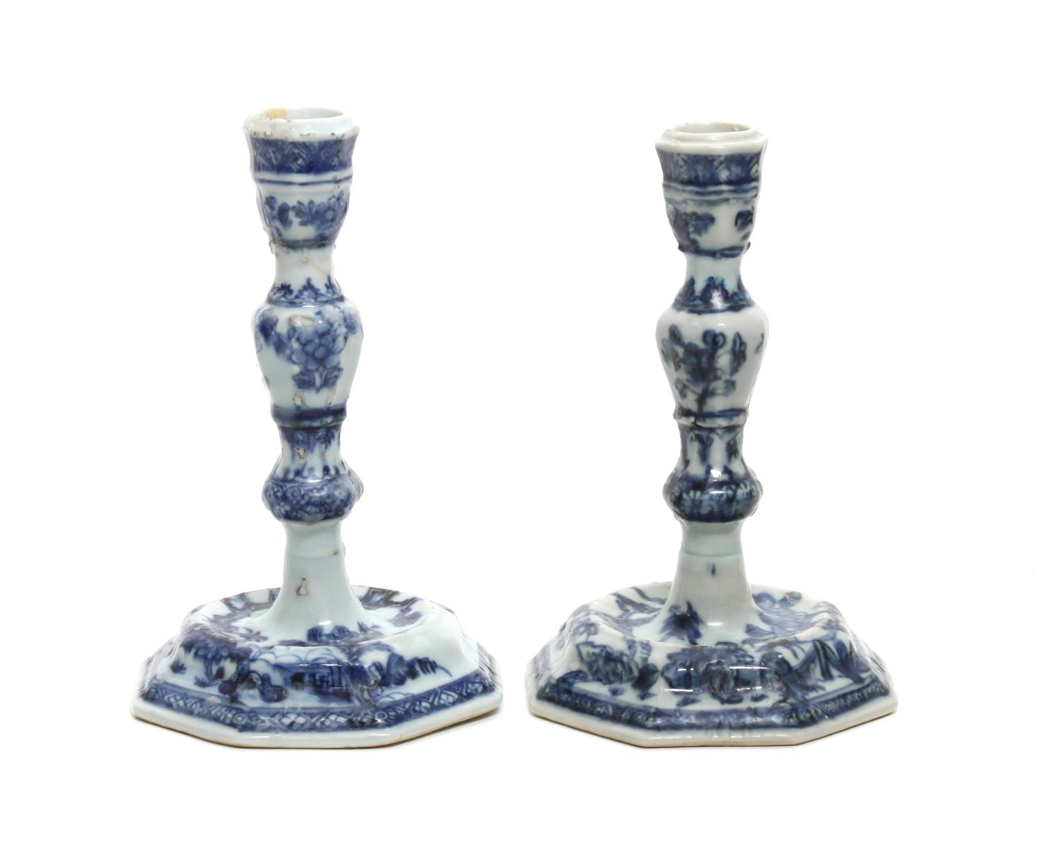 A Pair of Chinese Blue and White Porcelain Candlesticks Height 7 1/2 inches