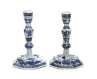 A Pair of Chinese Blue and White Porcelain Candlesticks Height 7 1/2 inches