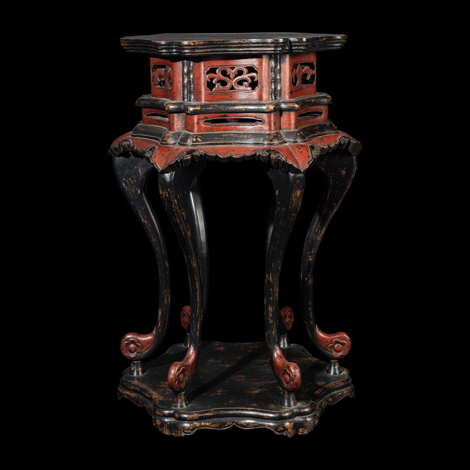 A Chinese Lacquered Wood Floriform Stand, Huaji