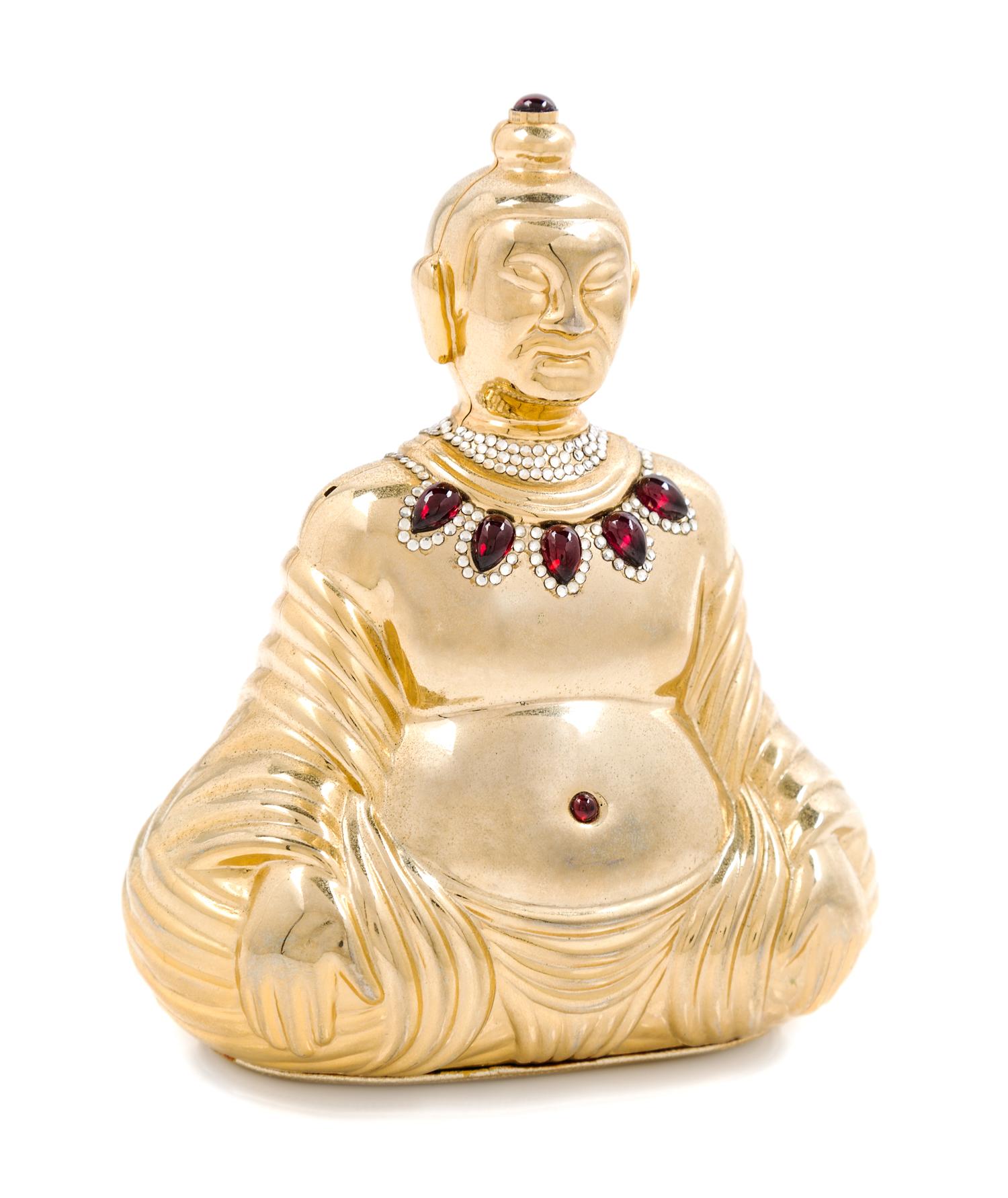 A Judith Leiber Goldtone Buddha Minaudiere, 4.5" x 6" x 2.5"; Strap drop: 17.25".