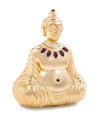 A Judith Leiber Goldtone Buddha Minaudiere, 4.5" x 6" x 2.5"; Strap drop: 17.25".