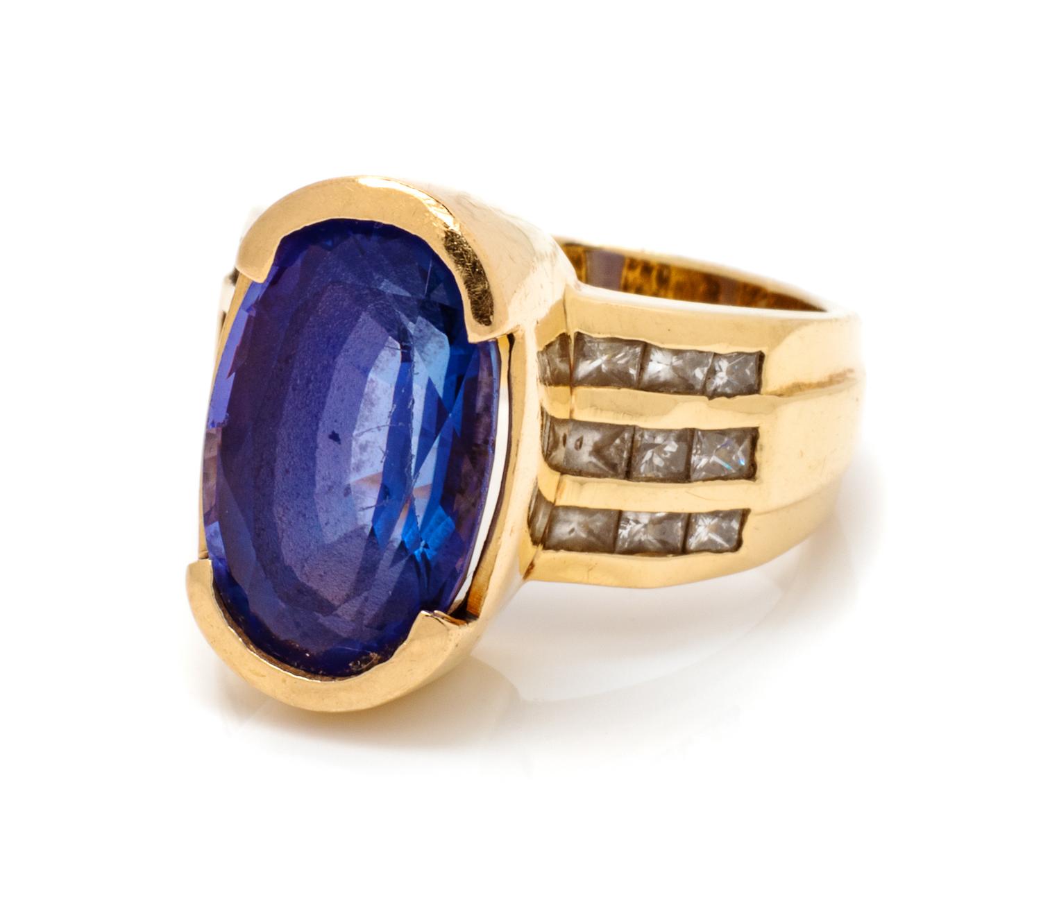 A 14 Karat Yellow Gold, Tanzanite and Diamond Ring, 9.50 dwts.