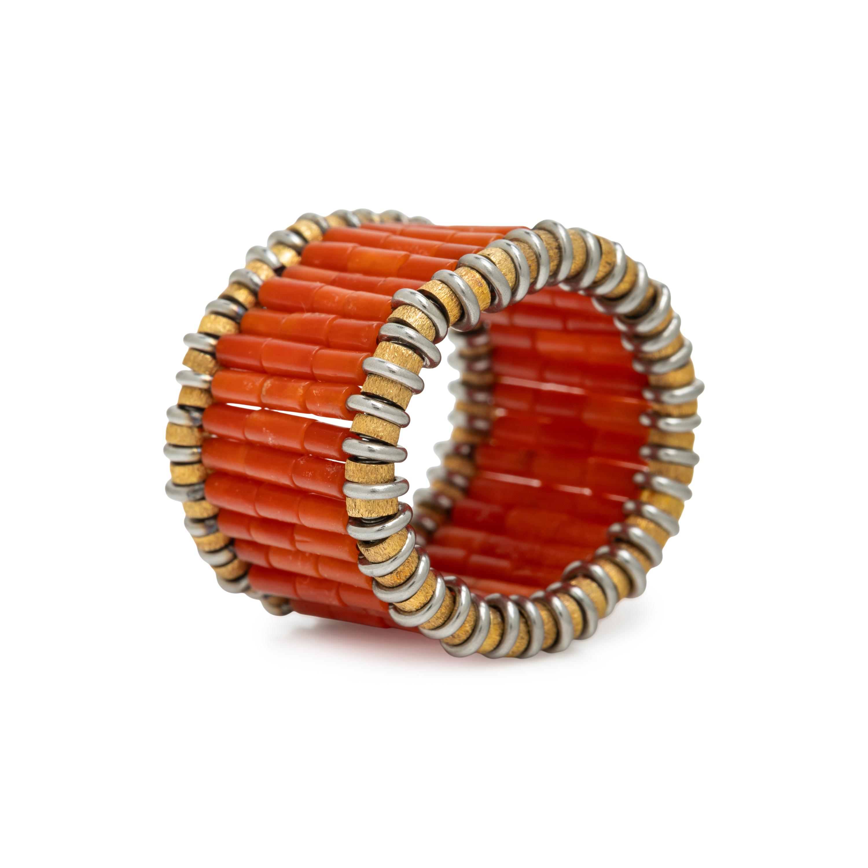 Coral and Yellow Gold Flexible Ring