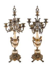 A Pair of Louis XVI Style Bronze Mounted Coral Stone Six-Light Candelabra — 19TH CENTURY
