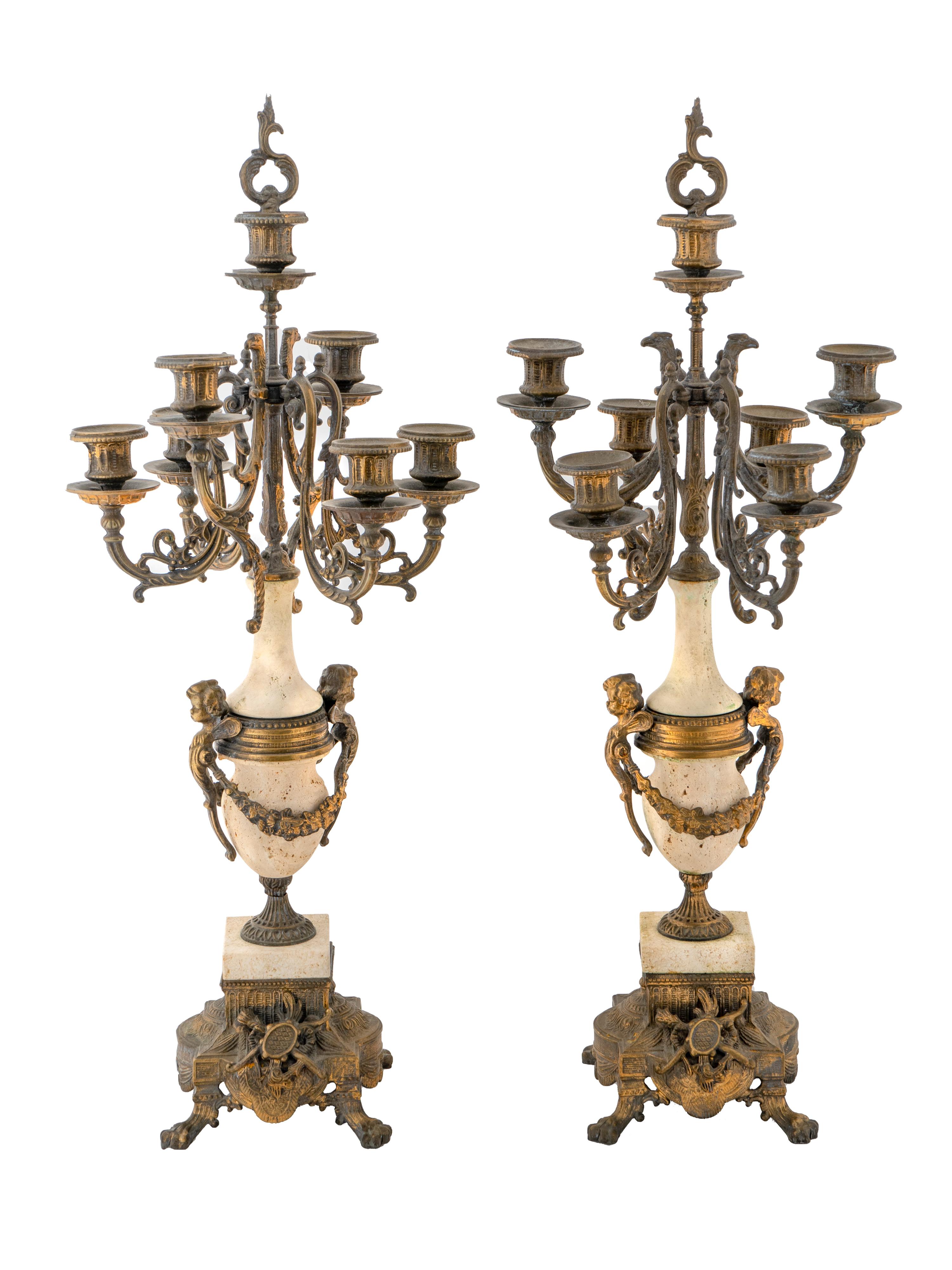 A Pair of Louis XVI Style Bronze Mounted Coral Stone Six-Light Candelabra — 19TH CENTURY