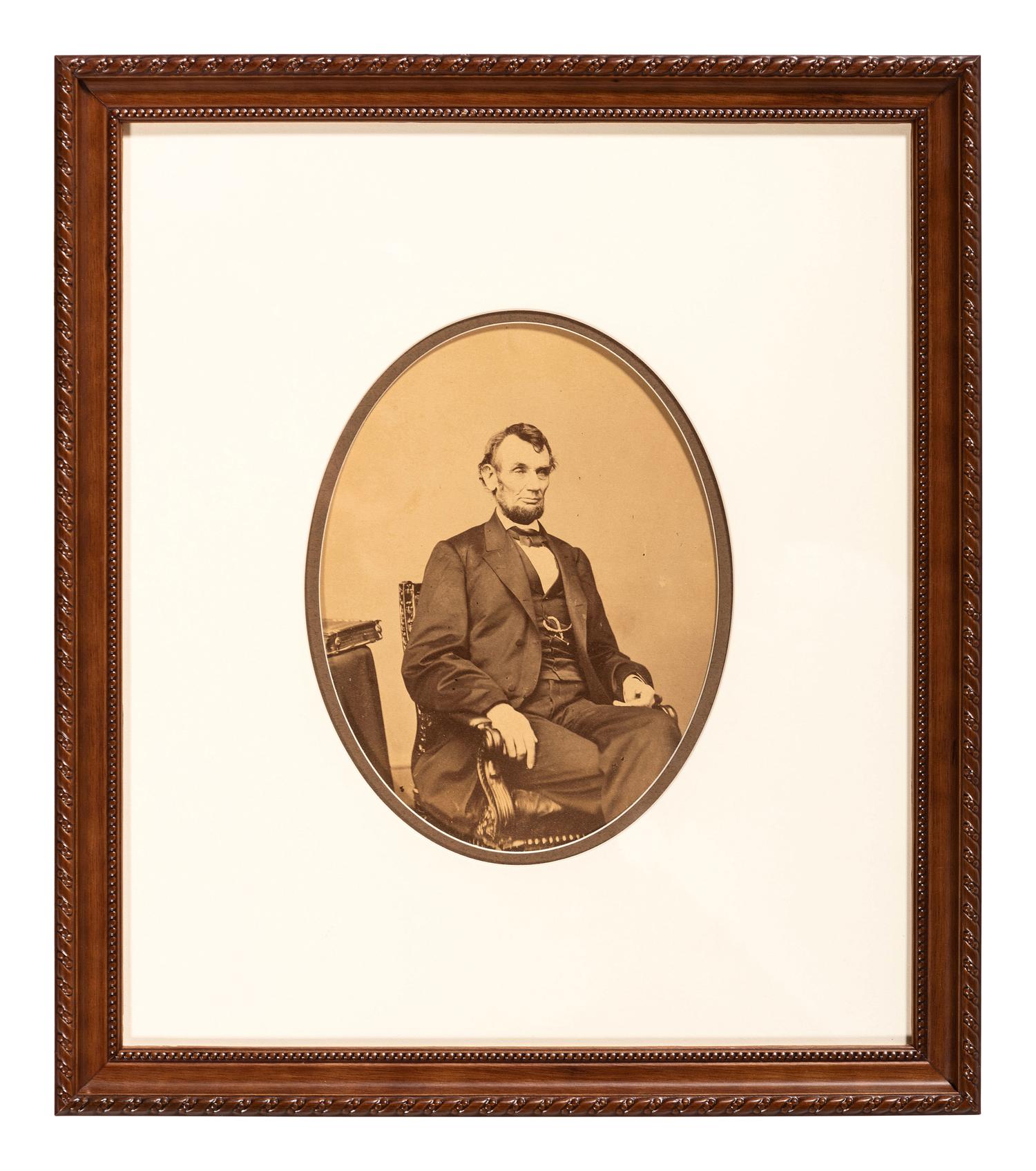 [LINCOLN, Abraham (1809-1865)]. BERGER, Anthony, photographer. Albumen photograph of Abraham Lincoln. [Washington, DC: Mathew Brady Gallery, 1864].