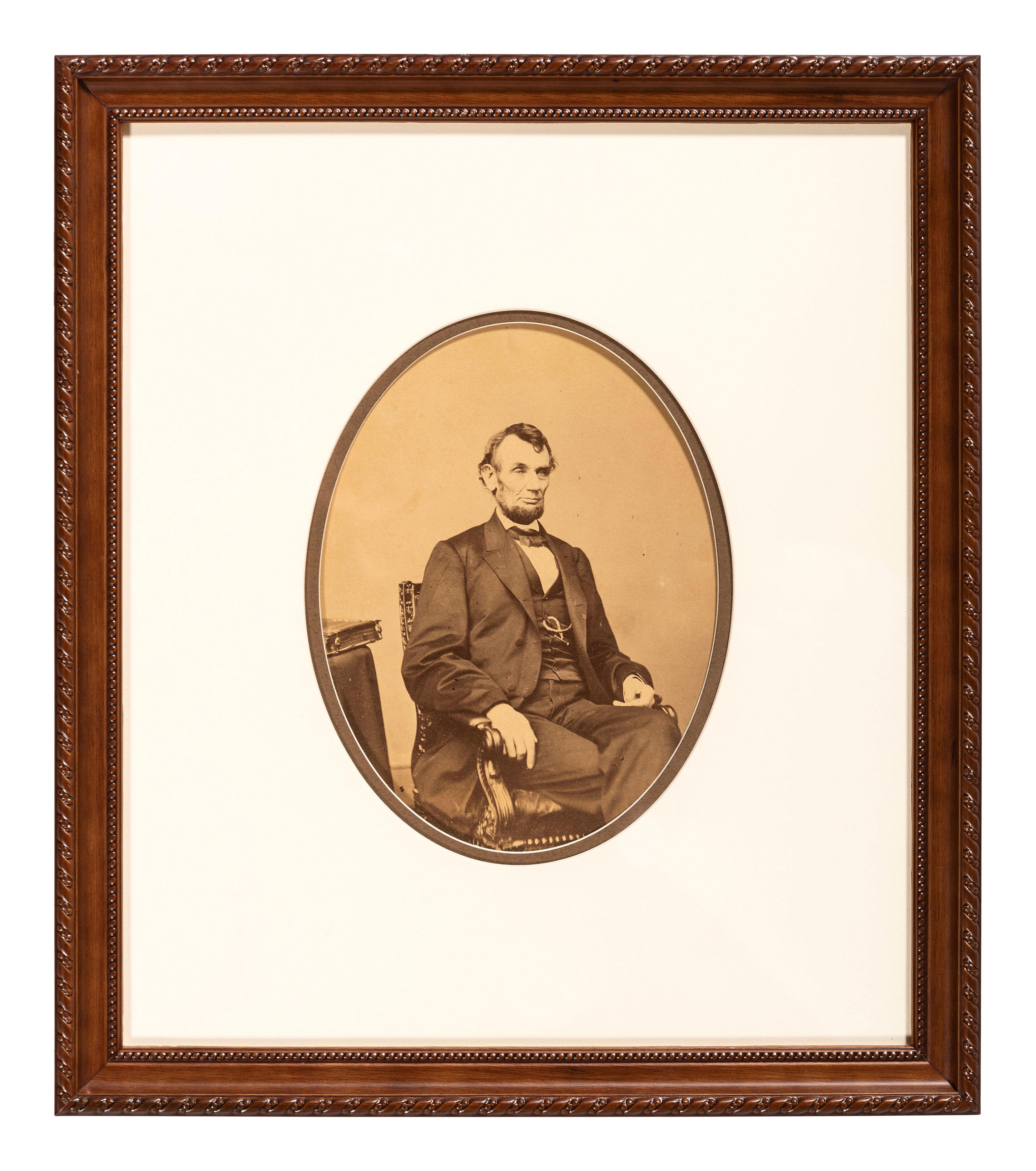 [LINCOLN, Abraham (1809-1865)]. BERGER, Anthony, photographer. Albumen photograph of Abraham Lincoln. [Washington, DC: Mathew Brady Gallery, 1864].