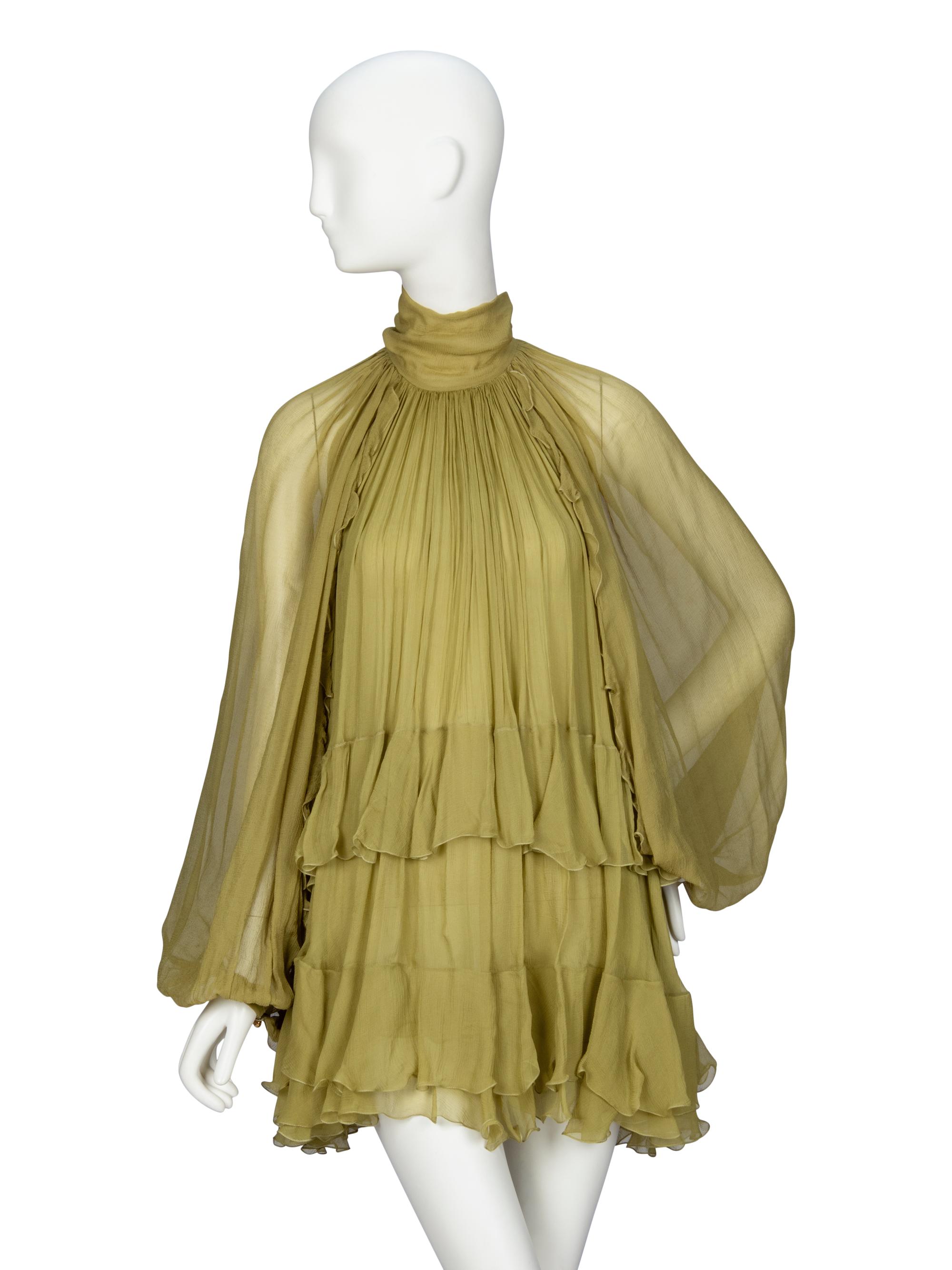 CHLOÉ, GREEN RUFFLE MINIDRESS