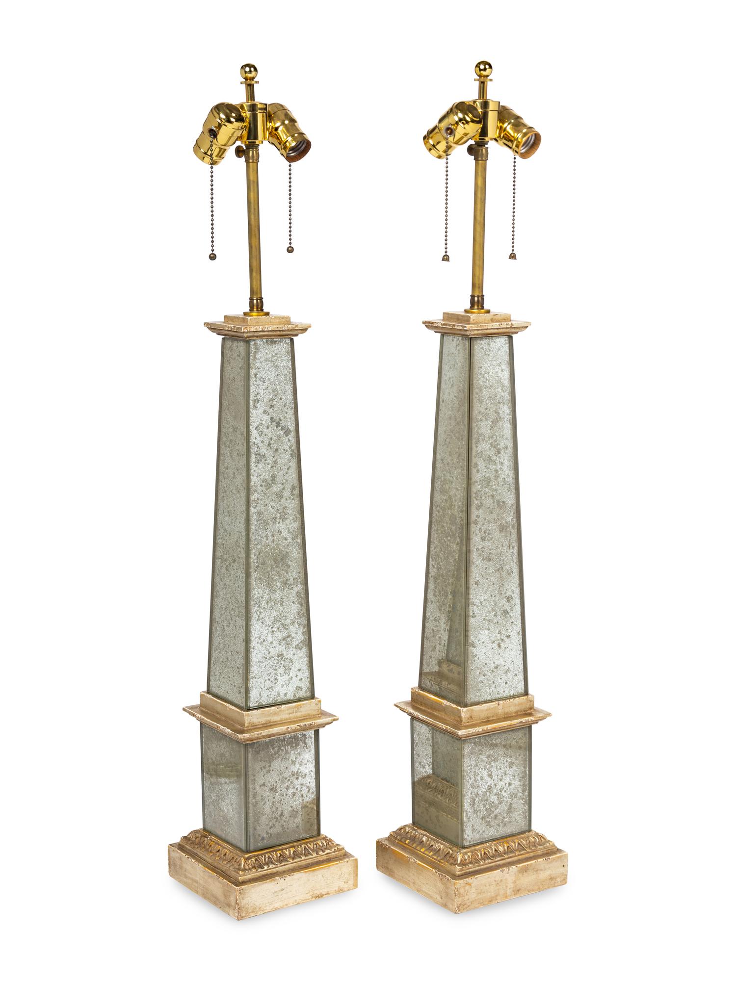 A Pair of Mirrored Obelisk Table Lamps