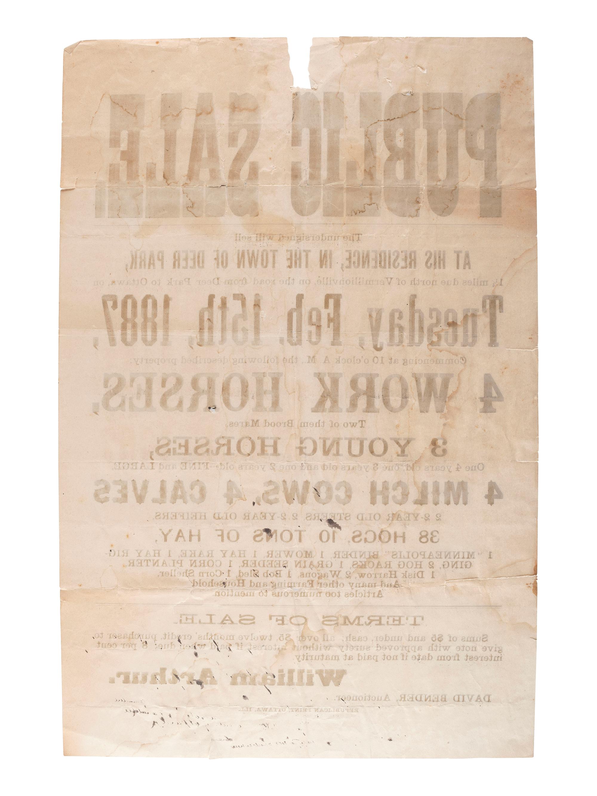 [ILLINOIS]. A group of 3 large nineteenth-century land and estate sale broadsides, comprising: