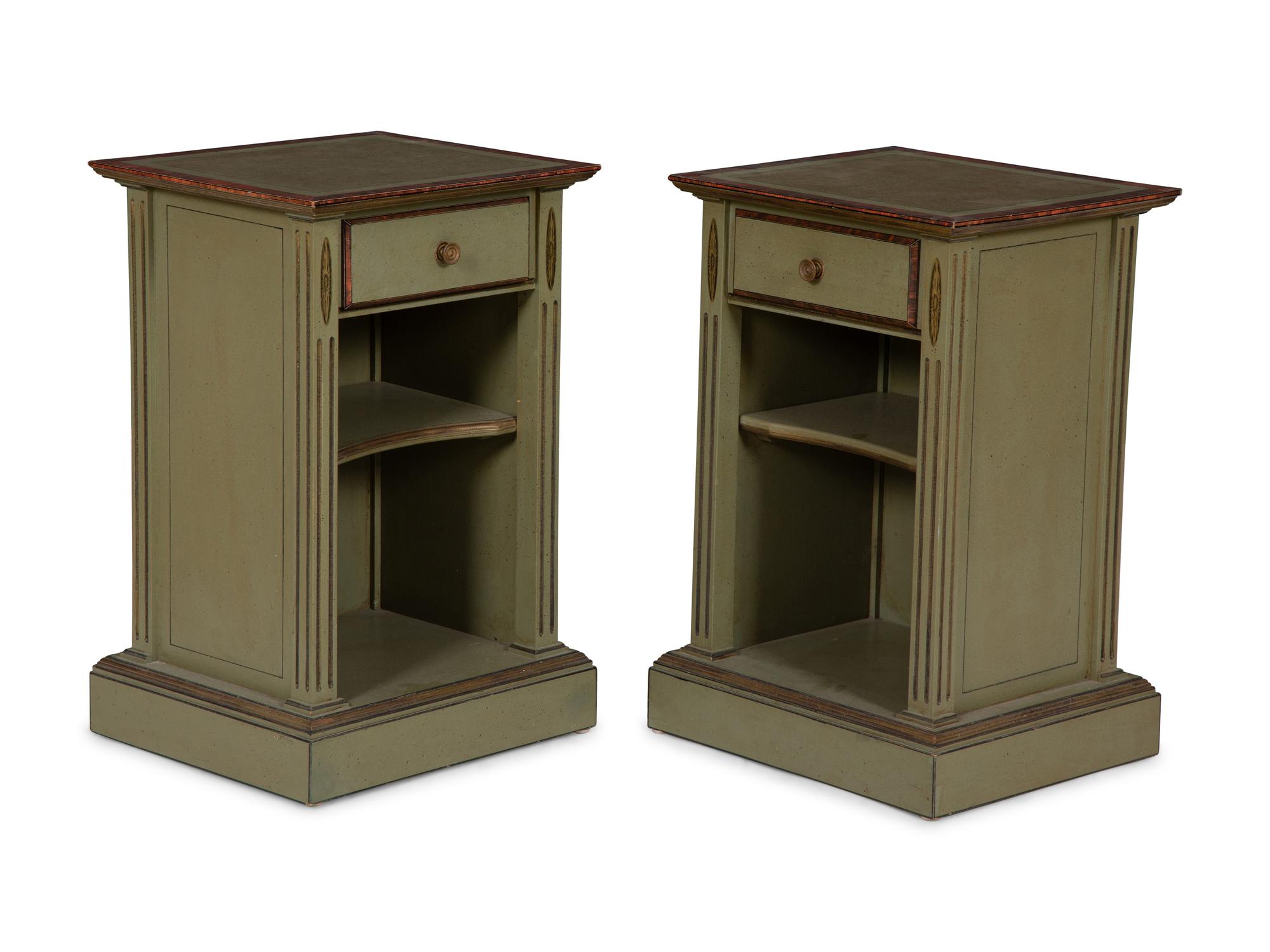 A Pair of Green Painted Pedestal Side Tables