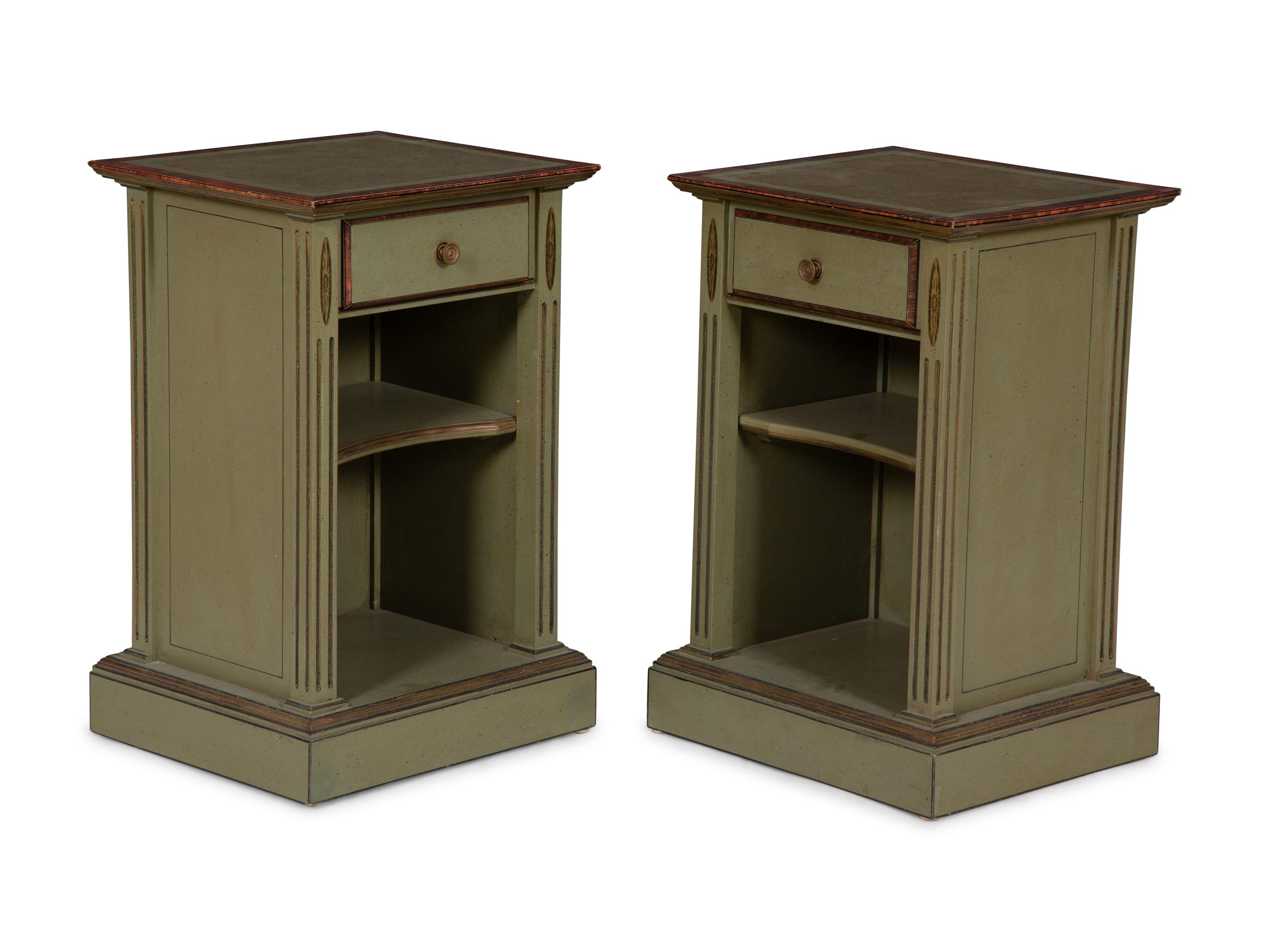 A Pair of Green Painted Pedestal Side Tables