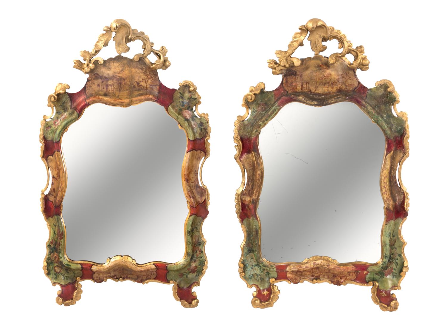 A Pair of Venetian Painted and Parcel Gilt Mirrors Height 29 x width 17 inches. — 19TH CENTURY