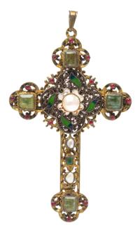 A Gilt Silver, Polychrome Enamel, Emerald, Pearl and Paste Cross Pendant, Austro-Hungarian, 26.20 dwts.