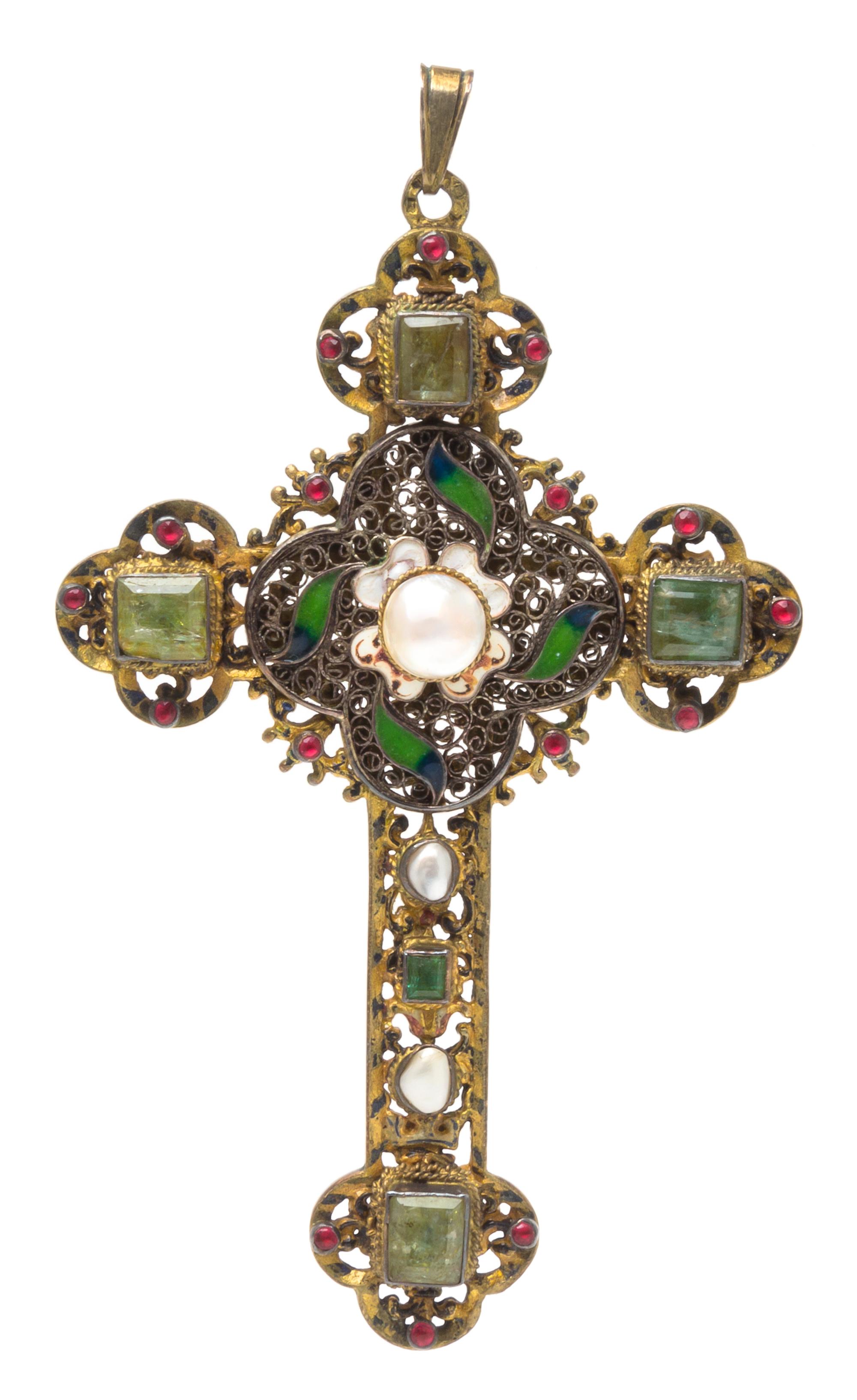 A Gilt Silver, Polychrome Enamel, Emerald, Pearl and Paste Cross Pendant, Austro-Hungarian, 26.20 dwts.