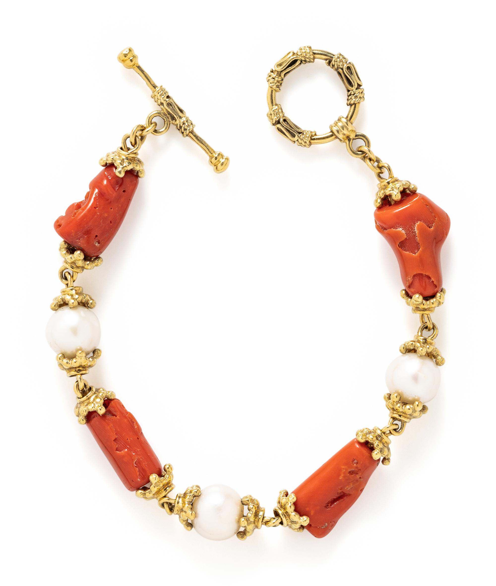 MAZ, YELLOW GOLD, CORAL AND CULTURED PEARL BRACELET