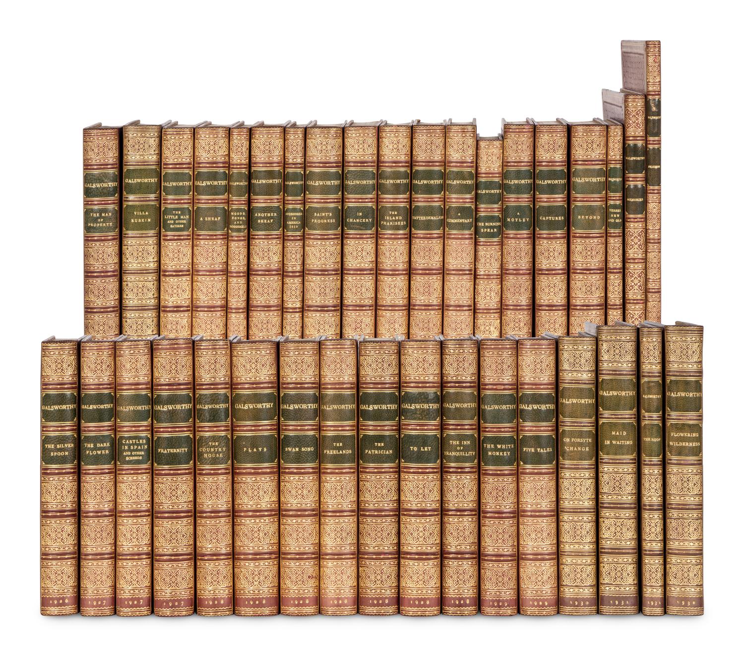 [BINDINGS]. GALSWORTHY, John (1867-1933). A uniformly bound set of his works, all New York. Most FIRST EDITIONS OR FIRST AMERICAN EDITIONS, comprising: