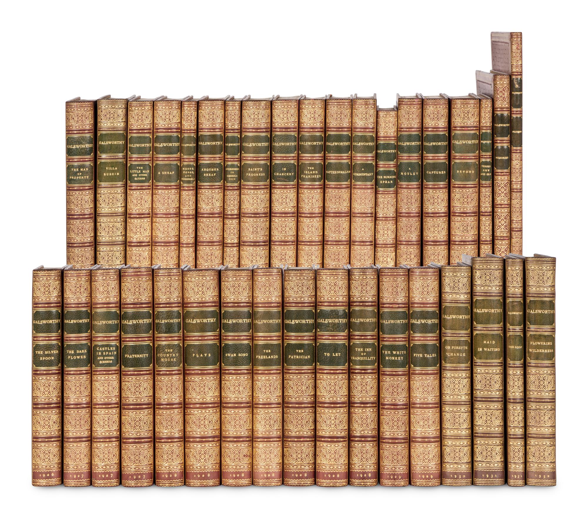 [BINDINGS]. GALSWORTHY, John (1867-1933). A uniformly bound set of his works, all New York. Most FIRST EDITIONS OR FIRST AMERICAN EDITIONS, comprising: