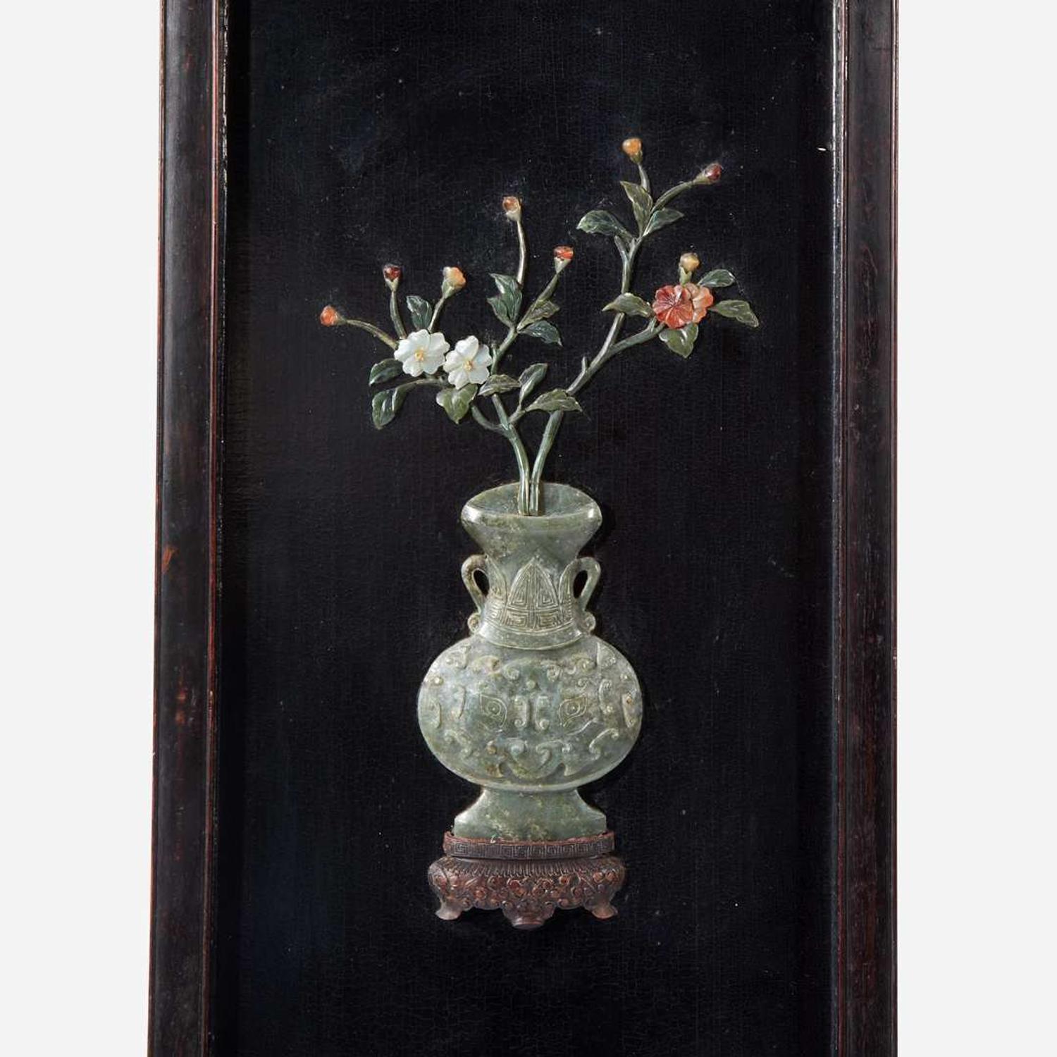 A pair of Chinese jade and hardstone embellished wood panels