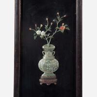 A pair of Chinese jade and hardstone embellished wood panels