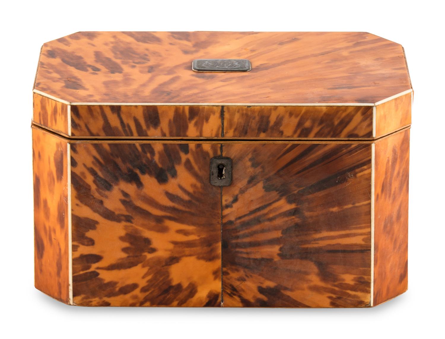 A Regency Tortoise Shell Octagonal Tea Caddy