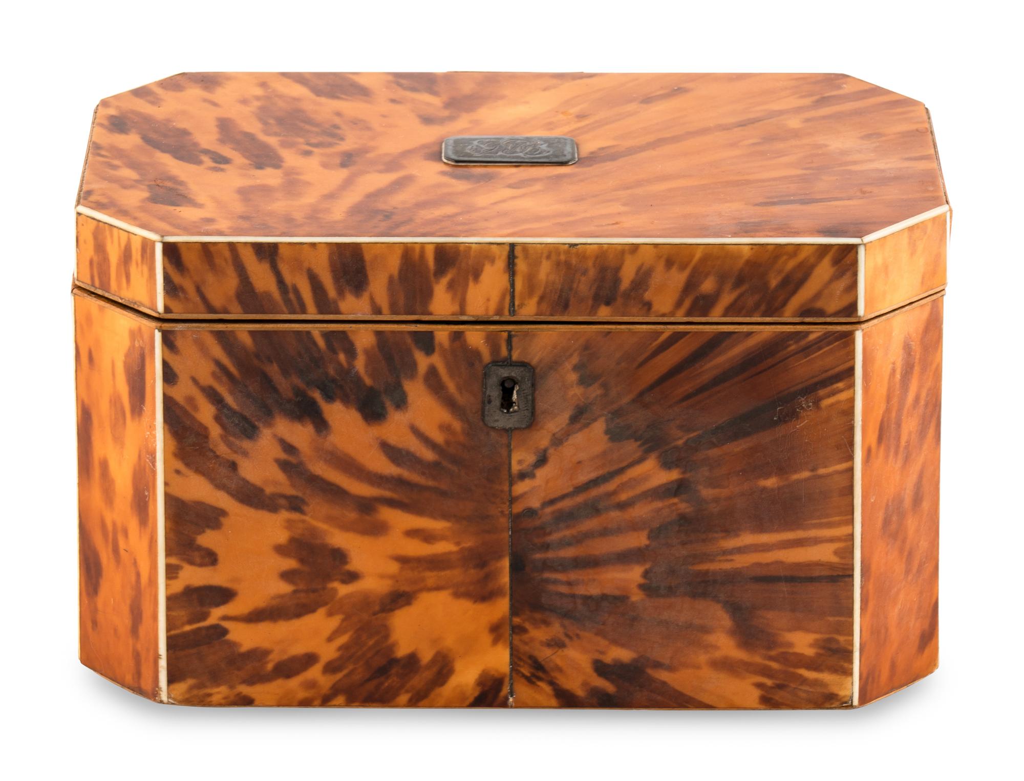 A Regency Tortoise Shell Octagonal Tea Caddy