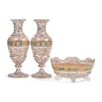 A Venetian Enameled Glass Three-Piece Garniture