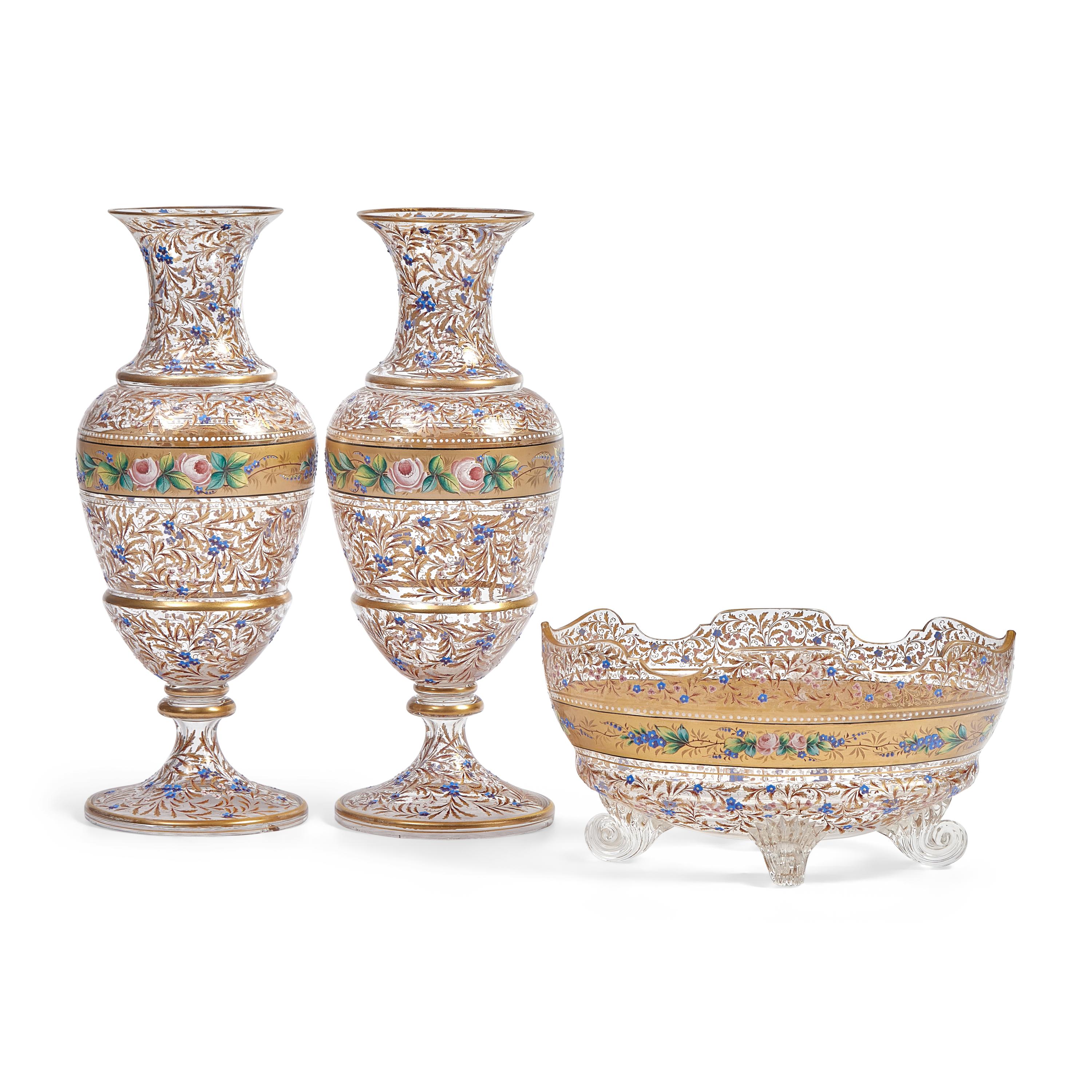 A Venetian Enameled Glass Three-Piece Garniture