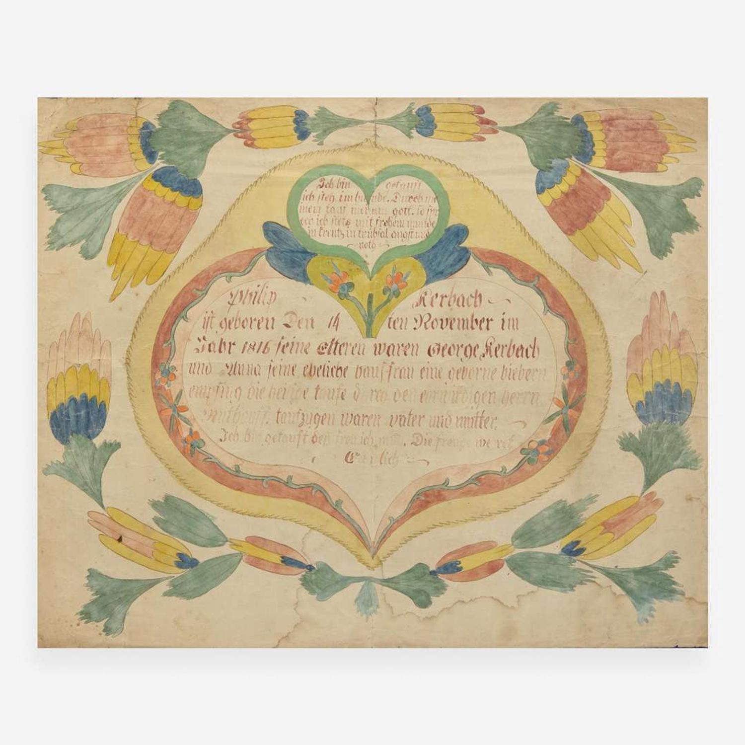 Possibly Joseph Lochbaum / Nine Hearts Artist (active 1799-1806) A Fraktur birth record for Philip Kerbach, dated "1816"