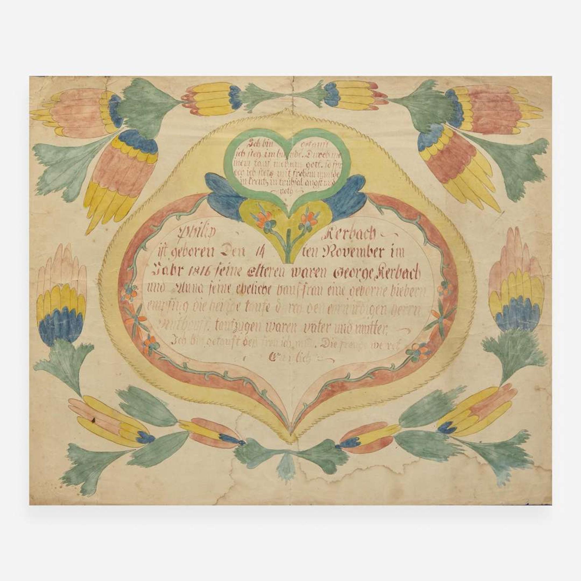 Possibly Joseph Lochbaum / Nine Hearts Artist (active 1799-1806) A Fraktur birth record for Philip Kerbach, dated "1816"