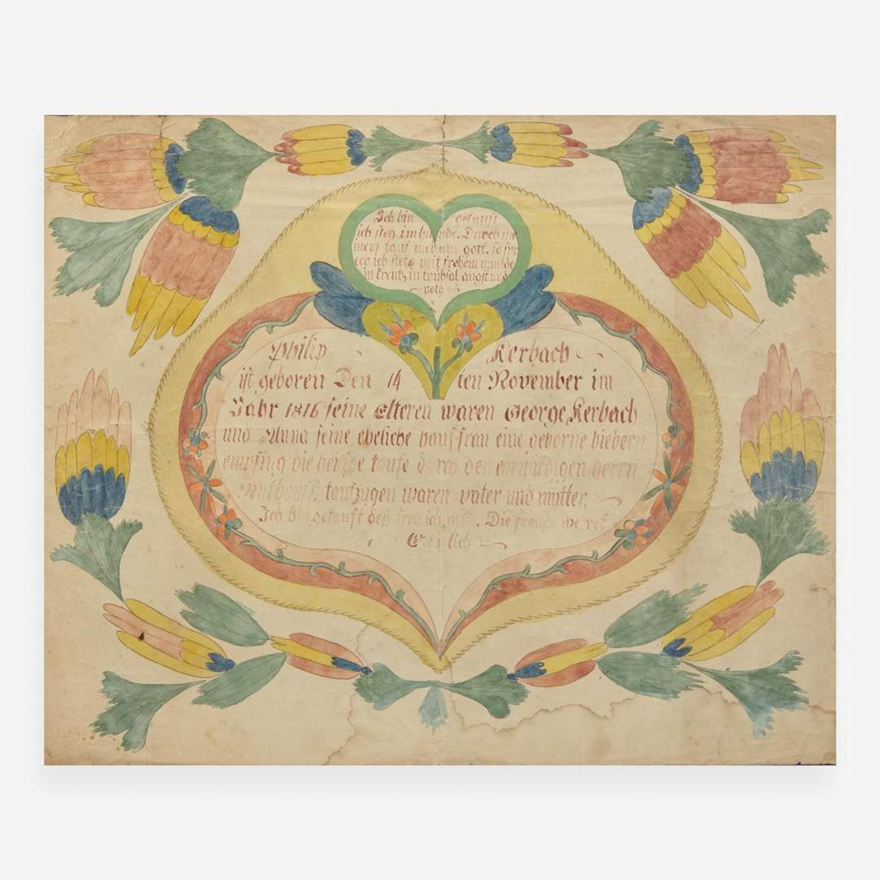 Possibly Joseph Lochbaum / Nine Hearts Artist (active 1799-1806) A Fraktur birth record for Philip Kerbach, dated "1816"