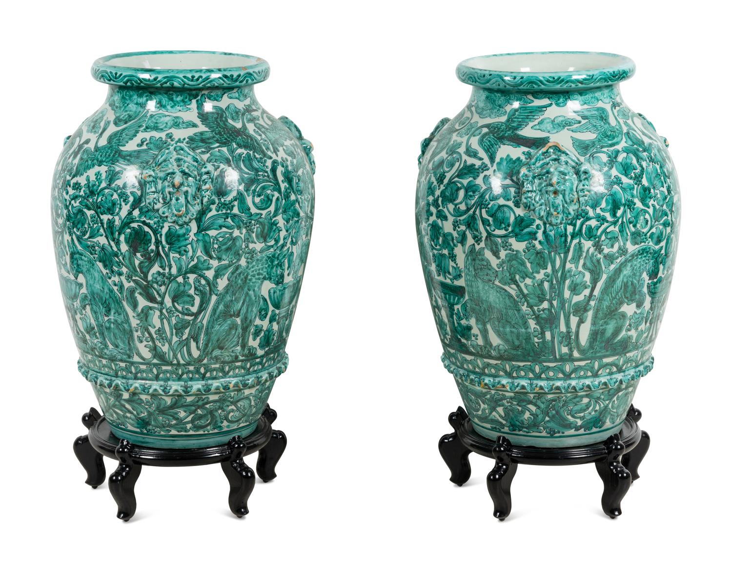 A Pair of Large Italian Green and White Glazed Ceramic Vases