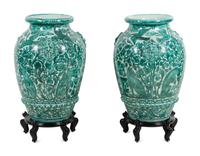 A Pair of Large Italian Green and White Glazed Ceramic Vases