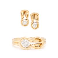 Diamond and Yellow Gold Knot Ring and Earrings