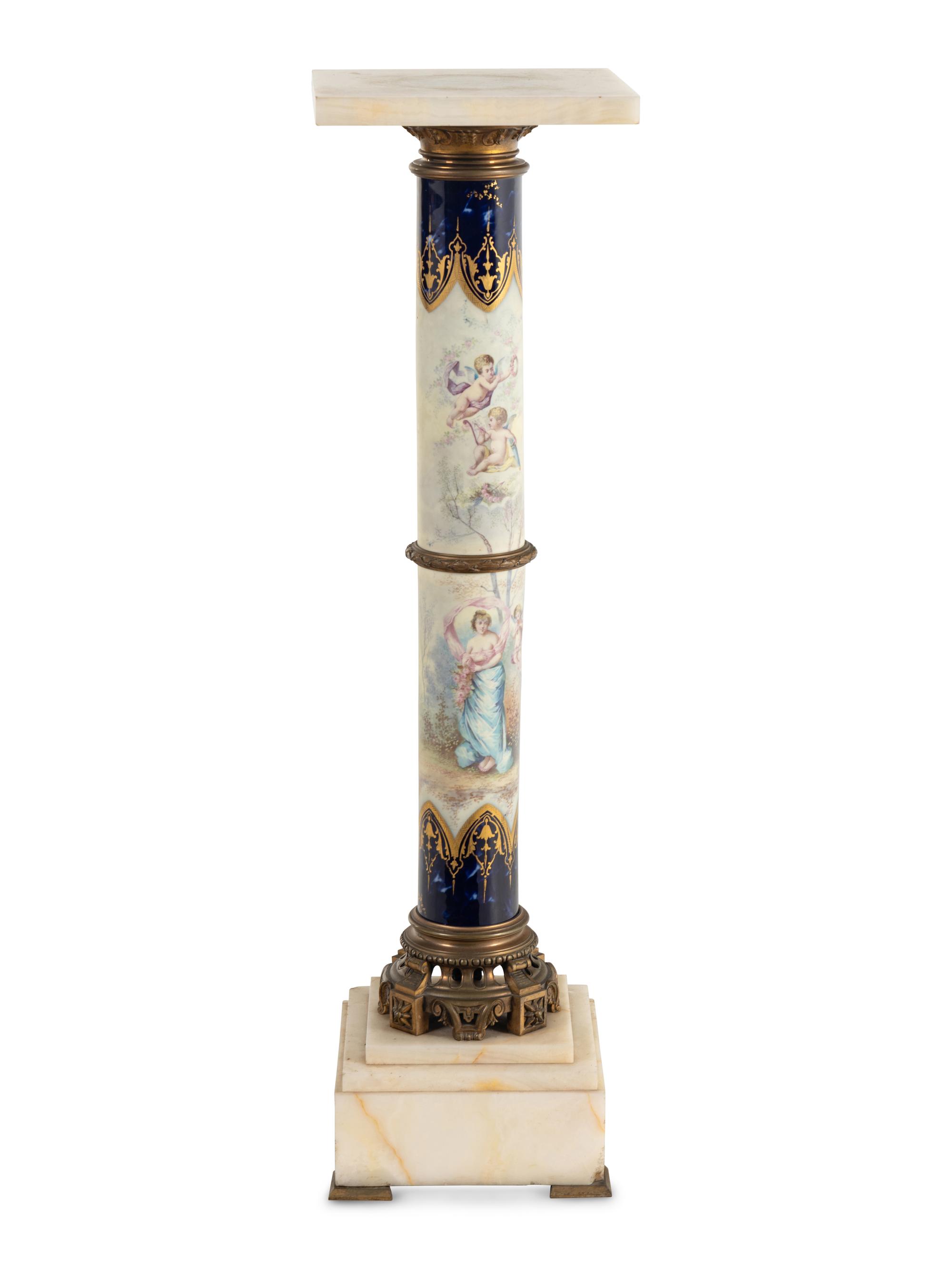 A Sèvres Style Porcelain, Gilt Bronze and Onyx Pedestal
