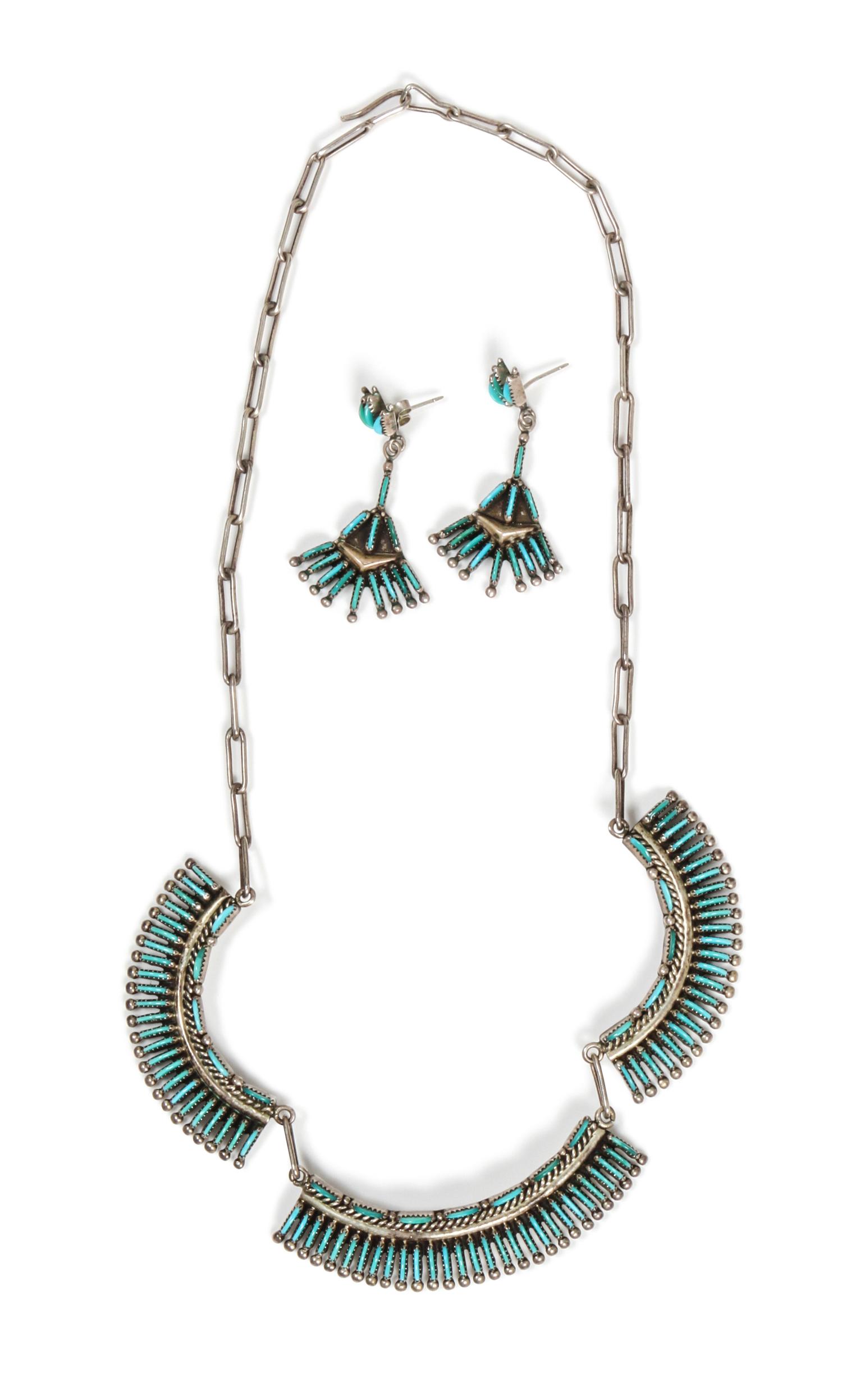 A Zuni Four Piece Petit Point Set Length of necklace 17 1/2 inches.