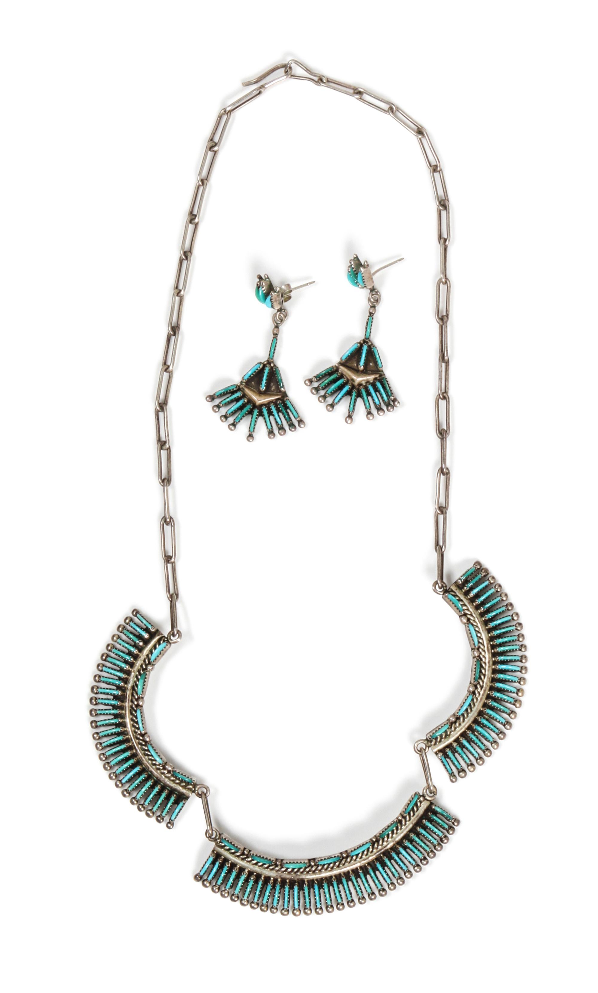A Zuni Four Piece Petit Point Set Length of necklace 17 1/2 inches.