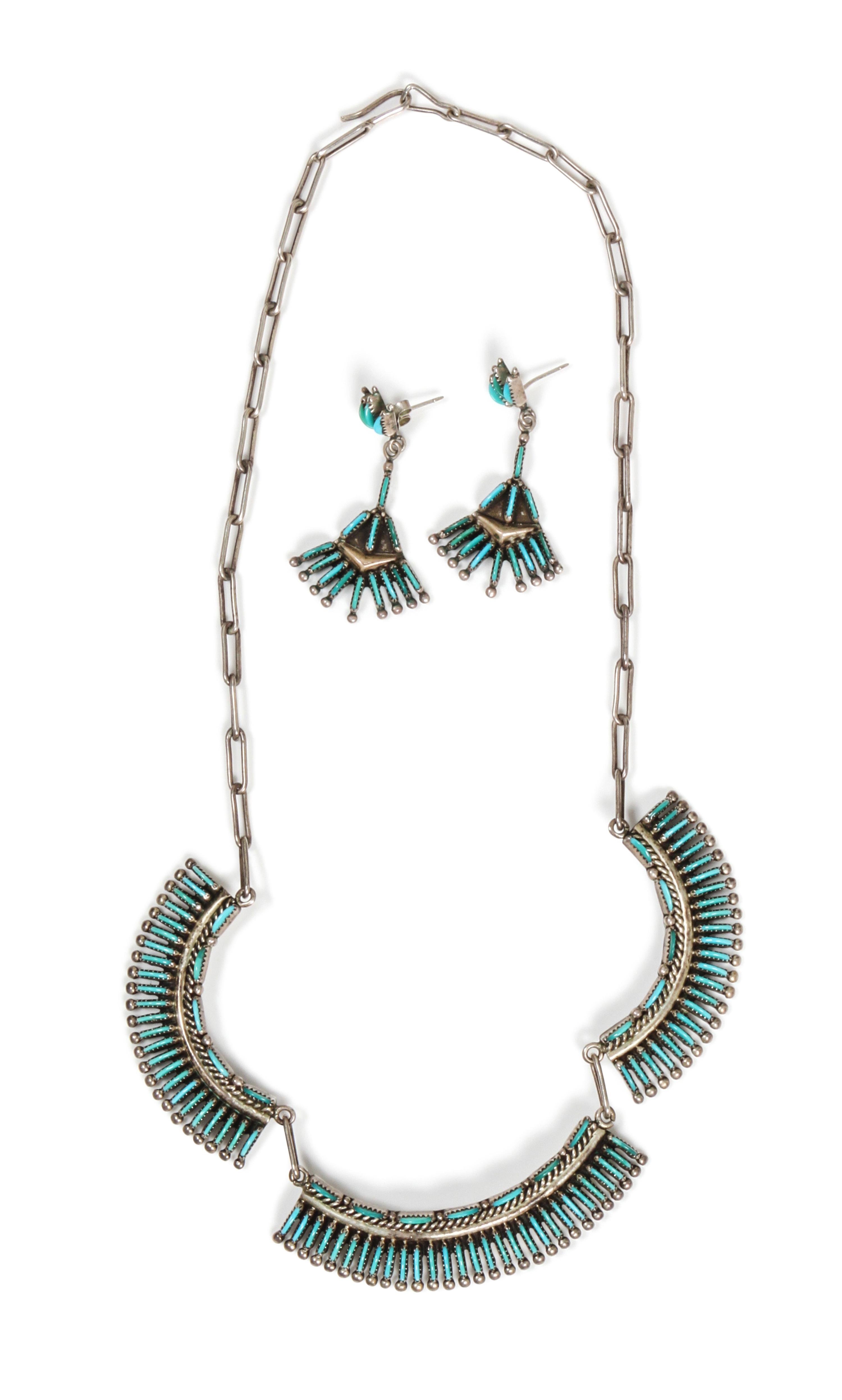 A Zuni Four Piece Petit Point Set Length of necklace 17 1/2 inches.