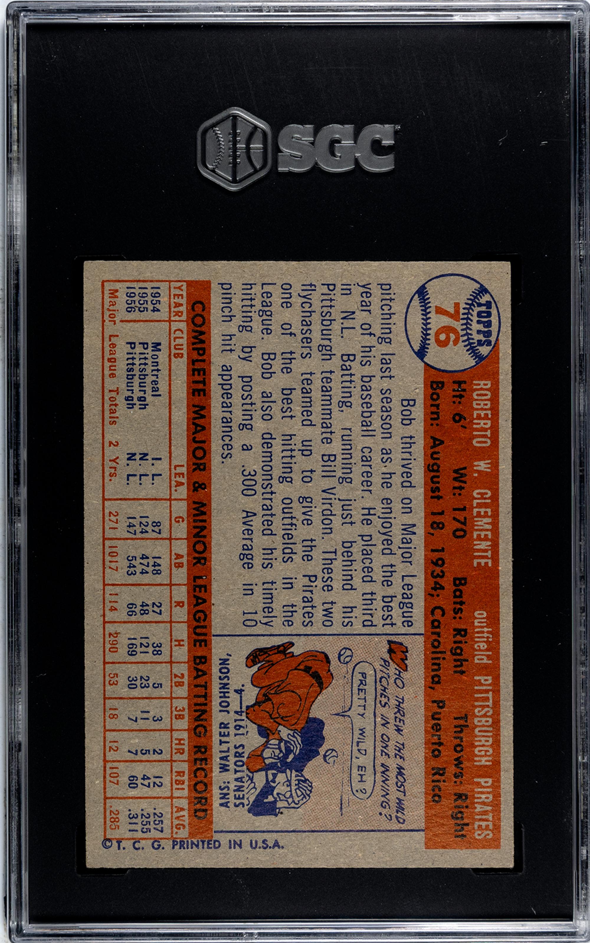 A 1957 Topps Roberto Clemente Baseball Card No. 76 (SGC 7 NRMT)