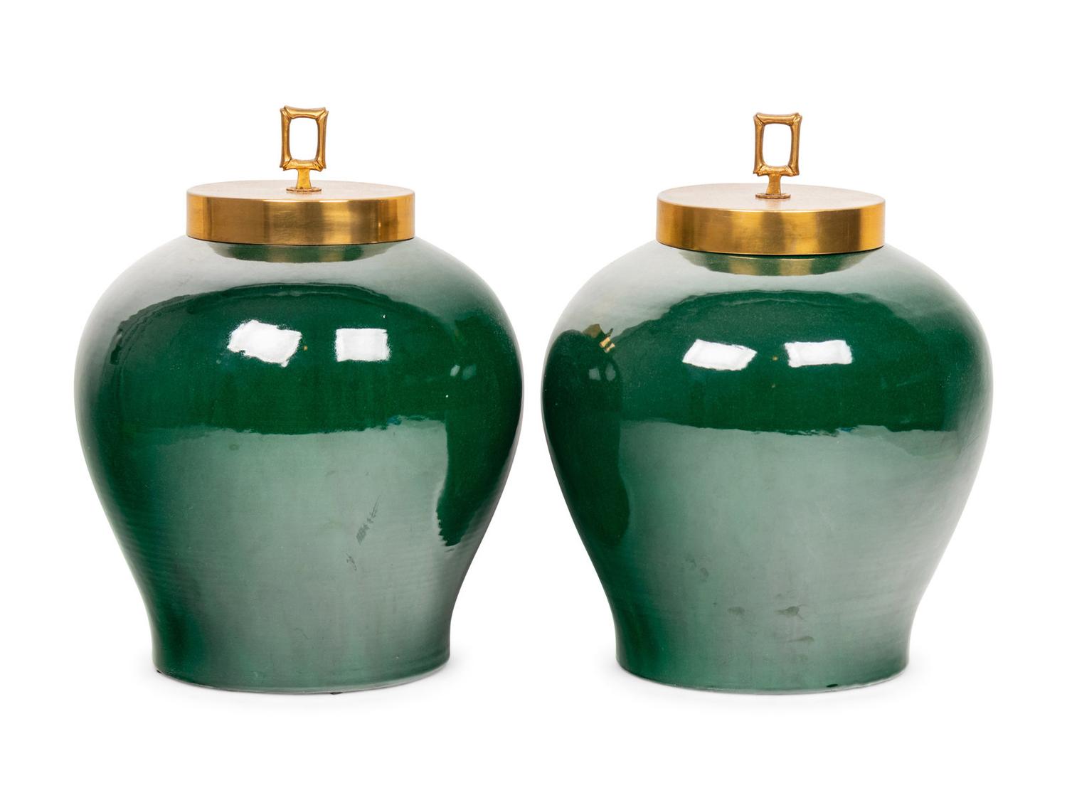 A Pair of Contemporary Green Glazed Porcelain Jars with Brass Lids