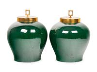 A Pair of Contemporary Green Glazed Porcelain Jars with Brass Lids