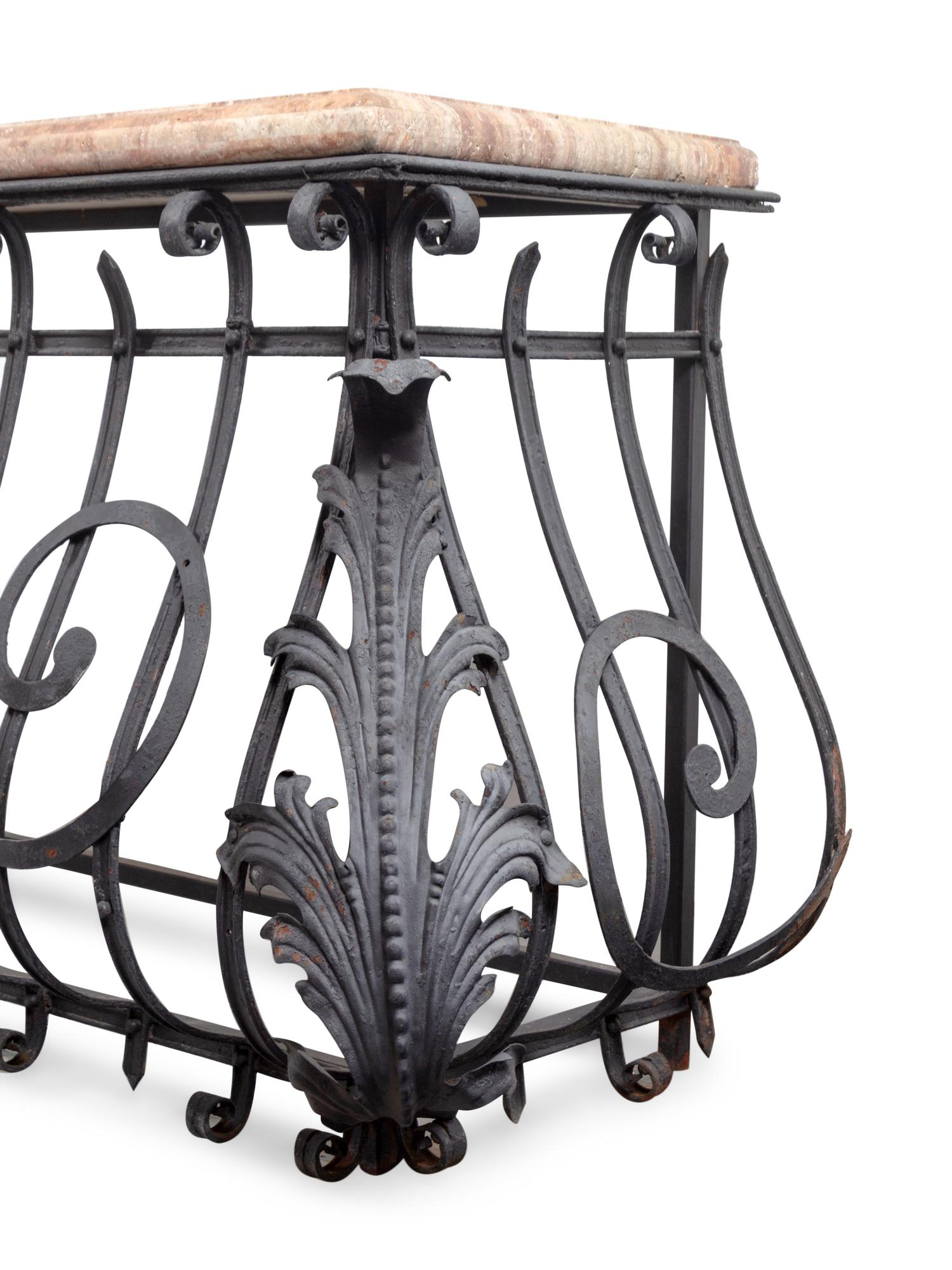 A French Wrought Iron and Marble-Top Bombe Console Table